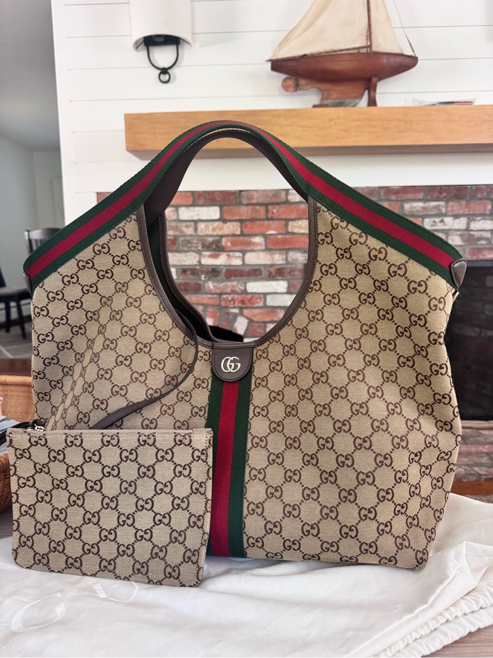 Gucci Beige GG Canvas Large Giglio Tote with Green-Red Web Stripe EUC
